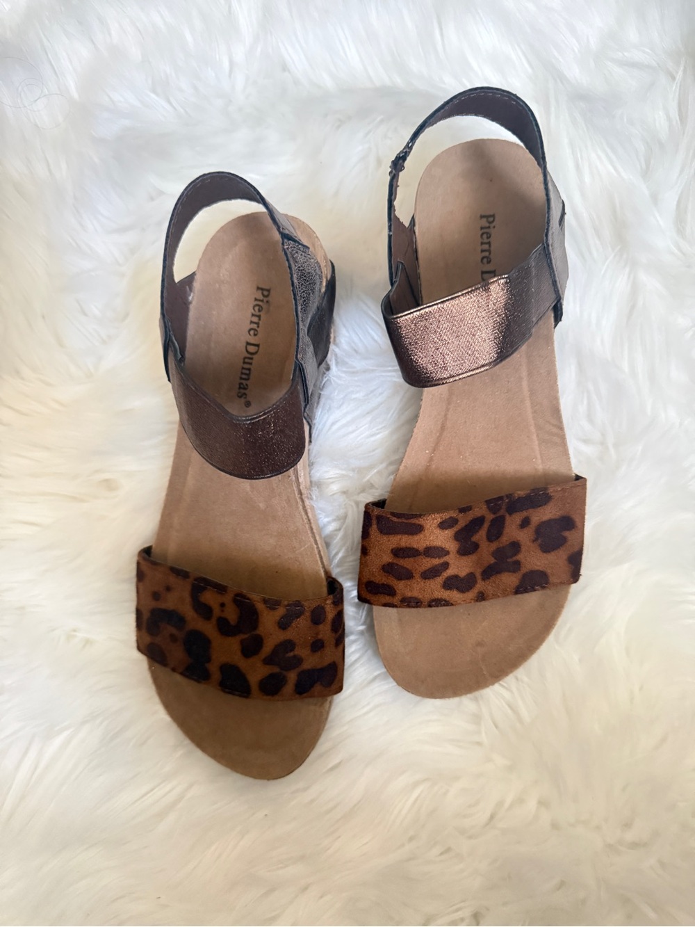 Pierre Dumas Leopard Print and Metallic Brown Slingback Sandals